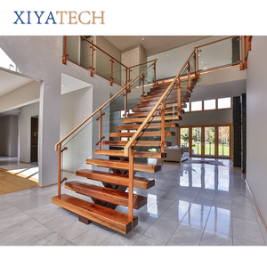 Escalera flotante moderna <span class=keywords><strong>con</strong></span> iluminación <span class=keywords><strong>LED</strong></span> XIYATECH <span class=keywords><strong>con</strong></span> escalones de madera maciza, barandilla de vidrio sin marco, larguero de acero Invisible para villas - Product Image 2