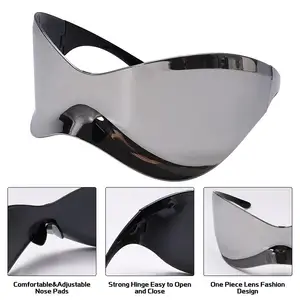 Y2k Futuristic Silver Mirror Sunglasses For Men Women Oversized Wrap Around Shield Fashion Superhero Chic Sun Glasses