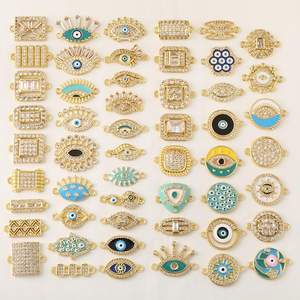 HP0200 Conector de Doble Orificio para Fabricación de Joyas, Dijes de Barra para Pulseras, de Latón Chapado en Oro de 18K, con Ojos Turcos y Esmalte de Zirconia, Venta al por Mayor - Product Image 1