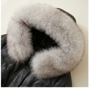 Veste en duvet pour <span class=keywords><strong>femme</strong></span> en véritable peau de mouton, <span class=keywords><strong>manteau</strong></span> court à capuche avec col en fourrure de renard pour l'<span class=keywords><strong>hiver</strong></span> - Product Image 4