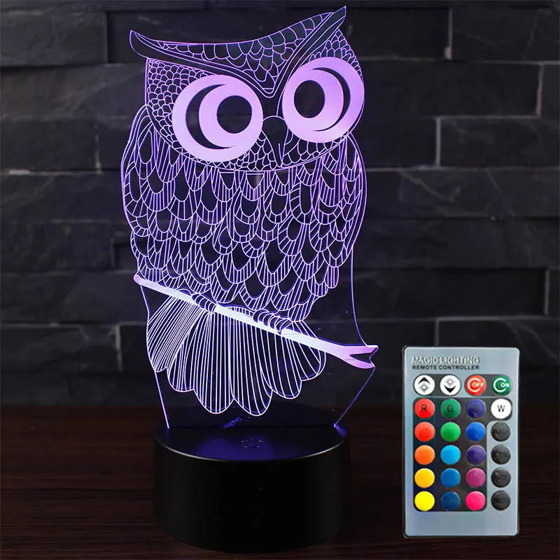 Owl Night Light for Kids Owl 3D Illusion Table Lamp Bed Room Decoration Lamps Touch Switch 7 Color Changing