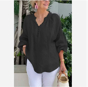 Nouveau style printemps/été, haut décontracté pour femmes, col en V, couleur unie, coton et lin, manches longues, pour femme - Product Image 2