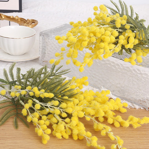 D65 <span class=keywords><strong>flores</strong></span> artificiales amarillo <span class=keywords><strong>Mimosa</strong></span> Spray cereza fruta rama boda hogar Mesa tallo corto Acacia decoración flor - Product Image 4