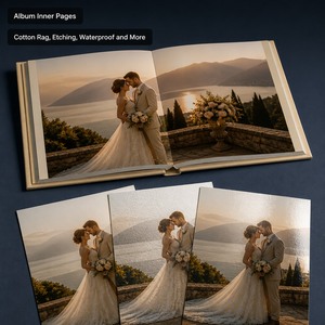 Album Fotografico Personalizzato 8x8 10x10 12x12 con Copertina in Cotone, Carta Impermeabile, Velluto, Lino, PU, Stampa Giclée, Montaggio e Rilegatura OEM - Product Image 2