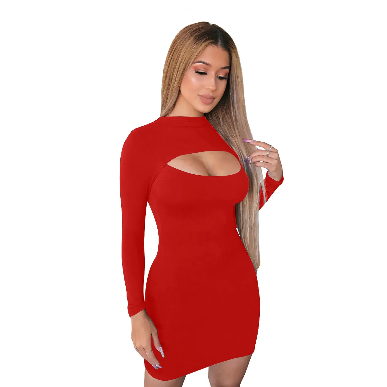 2022 New Design Long Sleeve Front Cut Out Open Chest Bodycon Casual Mini Sexy Party Club Dress For Women
