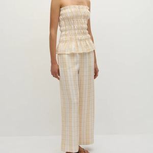 Conjunto de Dos Piezas para Mujer, Estilo Casual, Primavera-Verano, Pantalones Anchos de Lino y Algodón con Estampado Sólido y Top sin Tirantes con Fruncido - Product Image 1