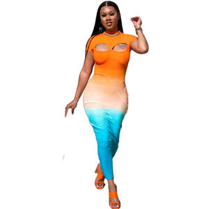 Chic évider contraste couleur robe à manches courtes coupe ajustée Sexy femmes tenue décontractée 2024 - Product Image 4