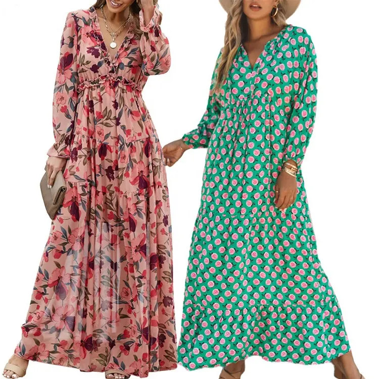 Clothing custom Women v-neck Tiered Pleat Elegant Floral Printing Casual Long Sleeve Maxi Dress Ladies Holiday beach dress