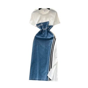 Abito Estivo Elegante a Linea A con Scollo Tondo per <span class=keywords><strong>Donne</strong></span>, Vestito in Denim Patchwork - Product Image 5