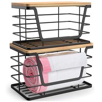 Distributeur de sacs poubelles rectangulaire mural de grande taille, construction en métal durable et bois, dessus en bambou pour cuisine et buanderie