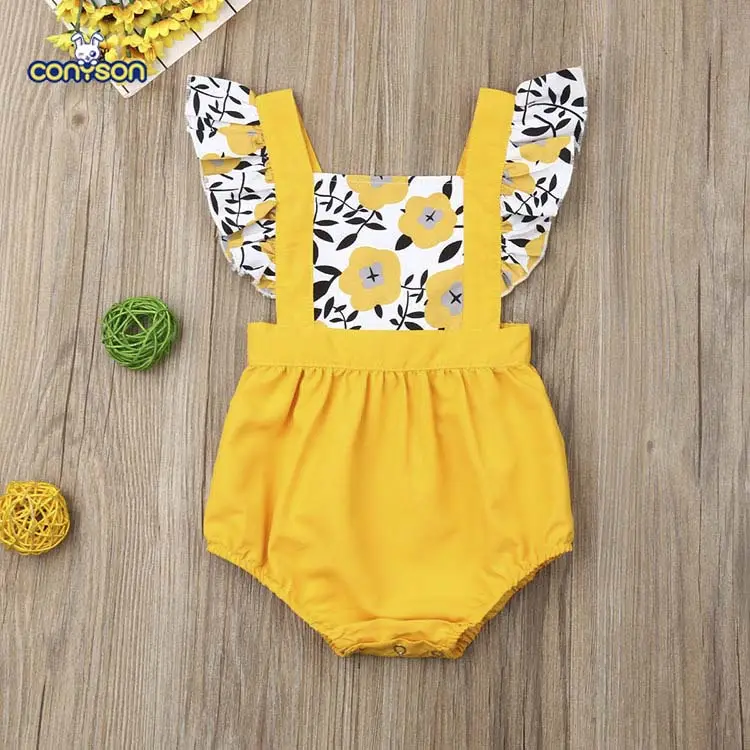 Factory Supply Square Collar Yellow Floral Baby Girls' Ruffle Rompers Baby Girl Romper Baby Clothes Newborn