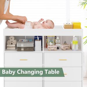 Table à langer en bois avec LED <span class=keywords><strong>blanche</strong></span>, <span class=keywords><strong>6</strong></span> <span class=keywords><strong>tiroirs</strong></span>, prises intégrées, USB, station de change pour bébé, pieds en métal, utilisation en hôtel - Product Image 6