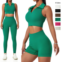 Ensemble de 3 pièces pour femmes, tenues d'athlétisme, revers d'exercice sans couture, débardeur de sport, short de Yoga, Leggings, vêtements d'entraînement de Fitness