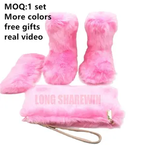 Moq 1 Gratis Geschenken Groothandel Custom Logo Winter Kleurrijke Faux Vos Bont Vrouwen Meisjes Snowboots Bijpassende Portemonnee En Hoofdband laarzen