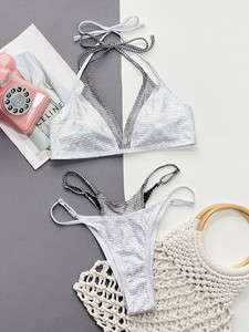 WG Luxury Maillot de bain <span class=keywords><strong>micro</strong></span> <span class=keywords><strong>bikini</strong></span> sexy pour jeunes filles, en matière holographique, style patchwork, 2 pièces, string, pour vidéos - Product Image 3