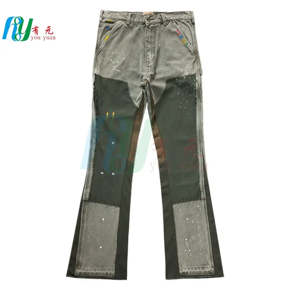 Ropa de calle lavada personalizada, pantalones vaqueros holgados, pintura de grafiti, estilo Vintage, pantalones vaqueros apilados, pantalones acampanados para hombres