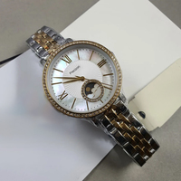 Montre-bracelet pour femme en acier inoxydable avec cadran en nacre et perles blanches, affichage des phases lunaires et sous-cadran en cristal, style mode et élégance