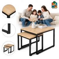 Juego de Mesas Auxiliares Cuadradas con Superficie de Madera y Estructura de Metal Negro, Dos Mesas, Mesa de Centro Minimalista para Sala de Estar
