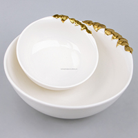 5.5 pouces porcelaine blanche bol à salade en céramique ensemble d'assiettes or jante plante Design élégant vaisselle plateau Stock vaisselle soupières