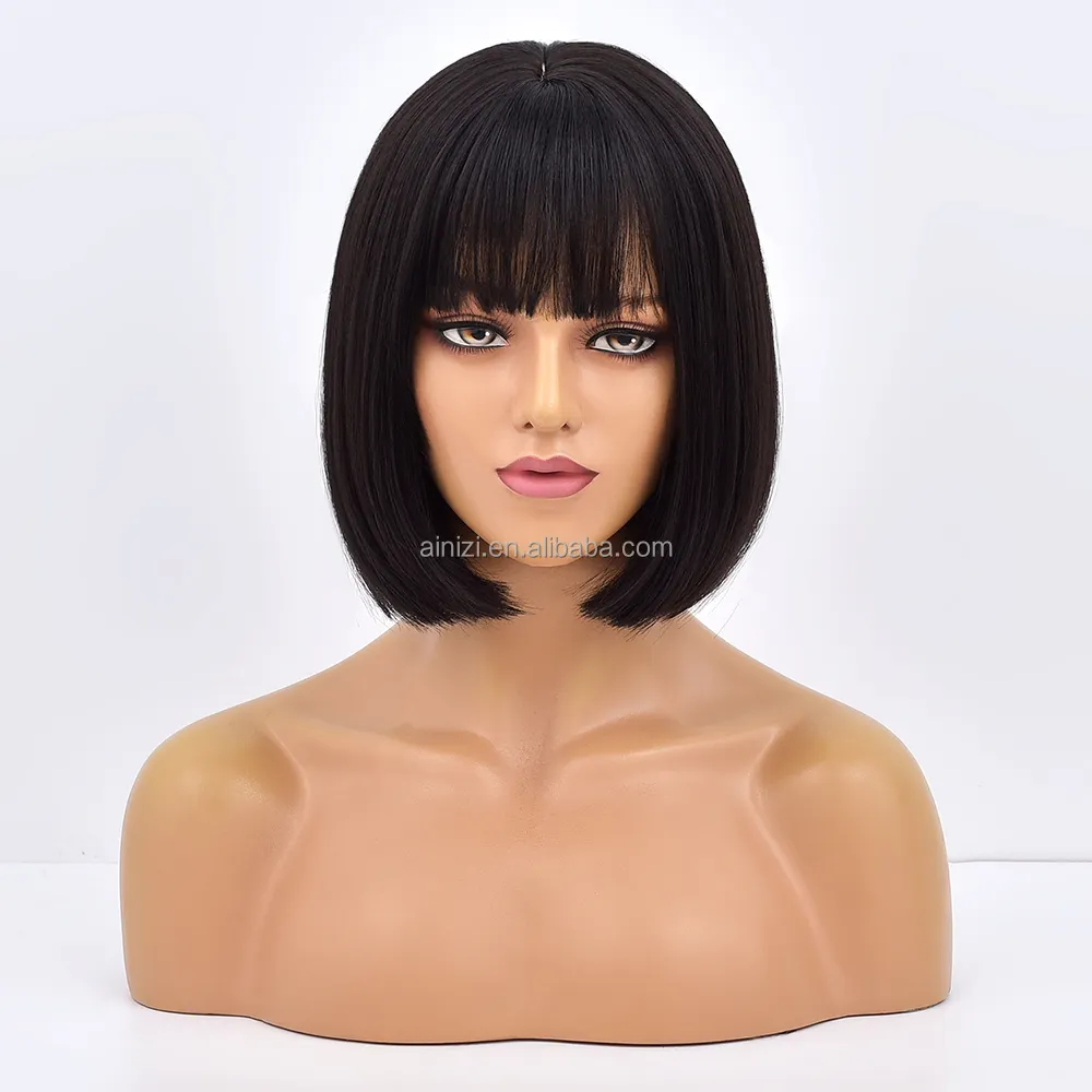 Ainizi 12'' short bob black machine made elegant fashion synthetic hair wigs with bangs for women