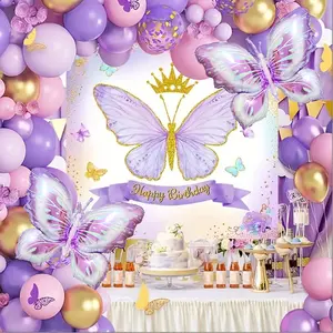 Conjunto de balões com tema de borboleta rosa roxa, decoração de festa de aniversário, arco e folha