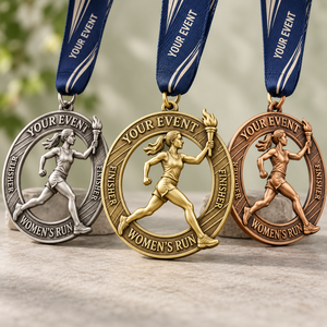 Custom Women's Running Finisher Medals with Openwork Torch Runner Relief in Gold <b>Silver</b> Bronze and Personalized Event <b>Ribbons</b> - Product Image 1