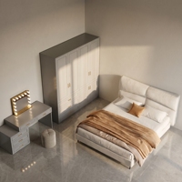 Ensemble de meubles de chambre à coucher modernes en gros : lit rembourré, armoire, miroir, coiffeuse, tabouret – Ensemble de chambre minimaliste pour villa