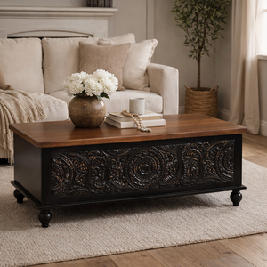 Baúl de Almacenamiento de Madera Tallado a Mano, Acabado Negro y Nogal, Banco de Entrada con Diseño Mandala - Product Image 1