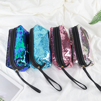 Pochette de toilette à fermeture éclair personnalisée à grande poignée, à paillettes double face, sac à maquillage pour femmes