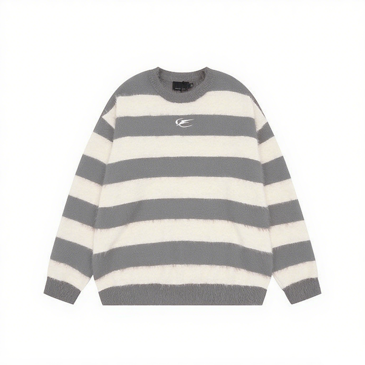 Custom OEM Winter Knitted Sweater American Retro Striped Crew Neck Men Loose Oversize Marten Hair Logo Pattern