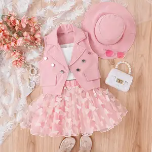 New Baby Clothes Girls Lapel Button Candy Color Butterfly Mesh Skirt Sleeveless Coat Vest Skirt Hat Four-Piece Baby Clothing Set