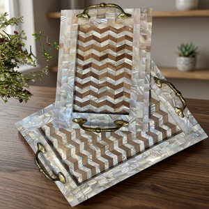 Bandeja de madera LORD con diseño de espiga, incrustaciones de nácar y asas de latón, bandeja decorativa para servir, Uttar Pradesh, para exhibir en la mesa del hogar - Product Image 4
