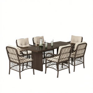 Set da Pranzo da Giardino Bianco Crema e Marrone per 6 Persone, Resistente alle Intemperie, Design Contemporaneo - Product Image 1