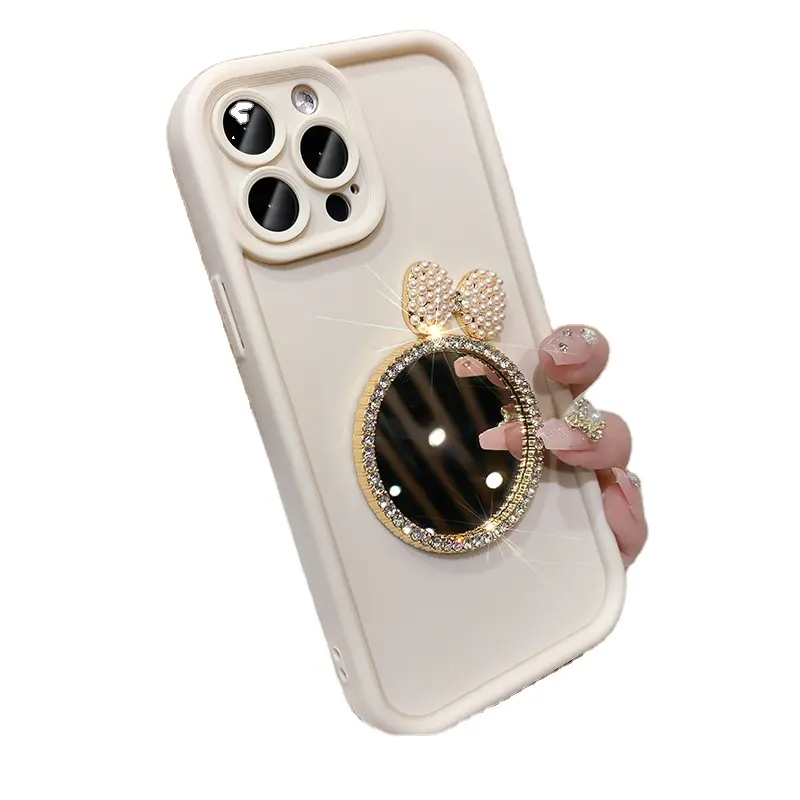 Mode Meisje Spiegel Telefoon Diamant Zacht Hoesje Voor Iphone15/14pro Max Xr Liefde Geplooide Make-Up Shell Ins Mobiele Telefoon Hoesje