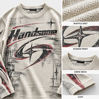T-shirt personnalisé pour homme, style streetwear, col rond en maille gaufrée, manches longues, impression sérigraphique, épaules tombantes, t-shirts décontractés