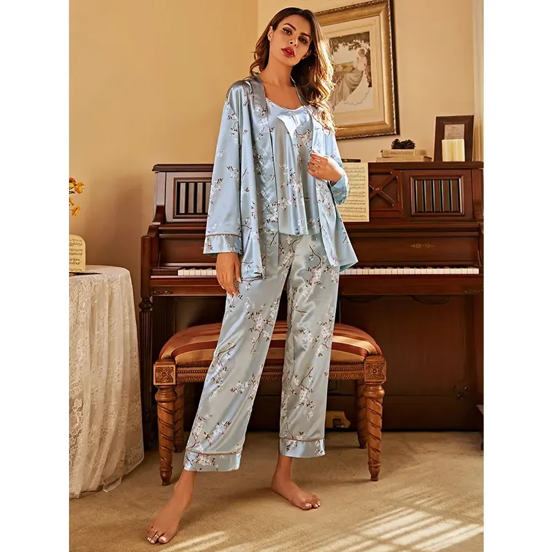 Offre Spéciale tache 4 pièces à manches longues pyjamas pour femmes Cami ensembles Robe ensemble vêtements de nuit à fleurs Robe en soie imitée