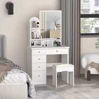 Kit de Coiffeuse Moderne en Bois Massif Couleur Crème, Économique et en Gros, avec Miroir LED Éclairé et Multiples Espaces de Rangement pour Chambre d'Hôtel