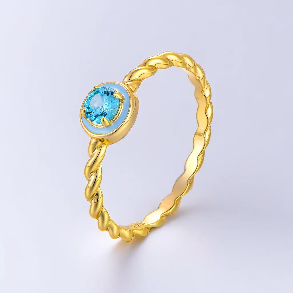 Custom Oem Fine Luxury Jewelry Mulheres 18K Banhado A Ouro 925 Prata Bonito Azul Cubic Zirconia Anéis De Casamento