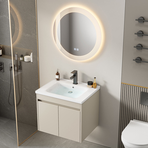 Mueble de Baño Moderno de Aleación de Aluminio Impermeable en Color Blanco Crema con Espejo LED Inteligente y Lavabo de Cerámica - Product Image 3