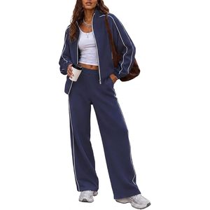Conjunto de chándal de 2 piezas para mujer, personalizado, largo y holgado, con sudadera con cremallera, pantalones de pierna ancha, cuello alto, color liso, ideal para viajes. - Product Image 1