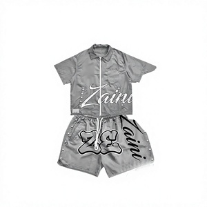Ensemble T-shirt et short gris ZAINI ZI-104 280 GSM Premium 100% Polyester avec panneau à boutons-pression, logo personnalisé imprimé DTF, sérigraphie, ODM, respirant, été - Product Image 1