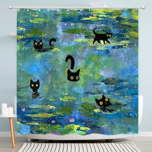 Peinture à l'huile créative et intéressante sur le thème des dessins animés - Les nénuphars et le chat <span class=keywords><strong>de</strong></span> <span class=keywords><strong>Monet</strong></span>, rideau <span class=keywords><strong>de</strong></span> douche imperméable pour salle <span class=keywords><strong>de</strong></span> bain - Product Image 6