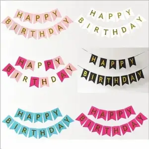 Precio de fábrica personalizado negro y oro decoraciones fiesta Mini Banner animando Feliz cumpleaños banderines banderas