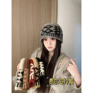 Bonnet en tricot épais Fair Isle, style rétro, grande circonférence de tête, pour l'automne, fait que le visage a l'air plus petit - Product Image 5