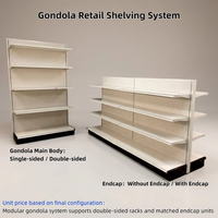 Système d'étagères de vente au détail Gondola blanche, présentoir de supermarché, étagère simple ou double face, panneau arrière perforé, équipement de magasin