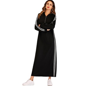 Vestido informal deportivo de manga larga para <span class=keywords><strong>mujer</strong></span>, vestido negro a rayas con cremallera y capucha - Product Image 1
