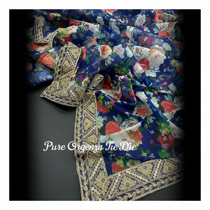Nouveau sari imprimé numérique floral en organza pur de concepteur traditionnel indien avec séquence de bordure en dentelle pour les mariages et les fêtes - Product Image 1