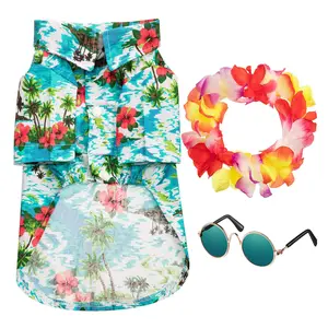2024 Yiwu ghirlanda colorata divertenti simpatici occhiali da sole alla moda retrò Cool t-shirt vestiti estivi Pet Dog Costume hawaiano