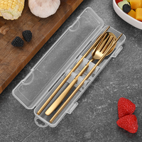 Ensemble de couverts portable en acier inoxydable 304, poli miroir argenté, style coréen, 3 pièces (fourchette, cuillère, baguettes) avec boîte, pour le camping