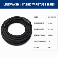 Tuyau de nettoyeur haute pression LW-HS-C19 LINKWASH 180 bars 2610 PSI 7 m en acier texturé tressé 6,0 ID 10,5 OD M22 X 1,5 DN15C Noir